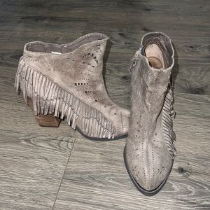 NOT RATED TAUPE FIERCE FRINGE ANKLE BOOT